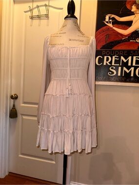 Smocked Tiered Long-Sleeve Mini Dress in Cream